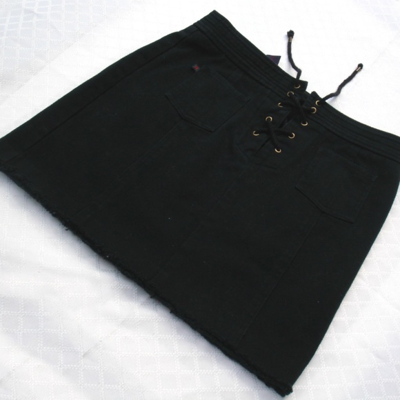 Polo Ralph Lauren Black Denim Boho Mini Skirt Fringe Hem Black Jeans Skirt 4 - Picture 3 of 13